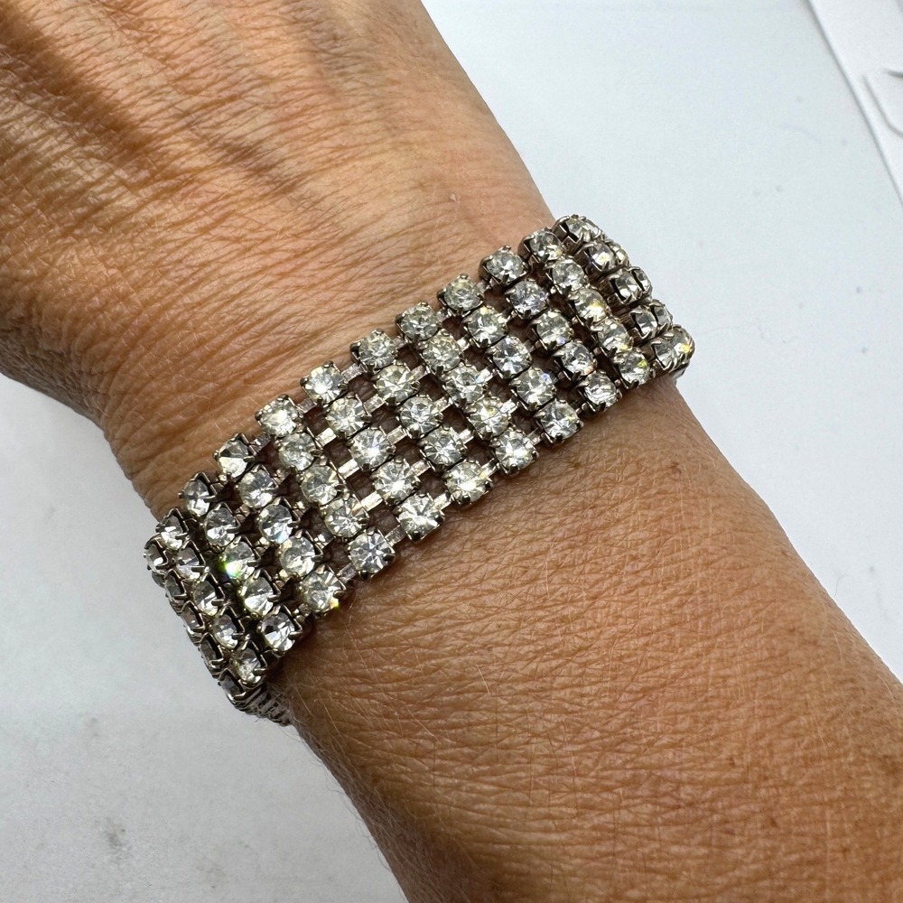 Vintage 4 Row Rhinestone Bracelet Silver Tone Clear Crystal Link 7 Inch